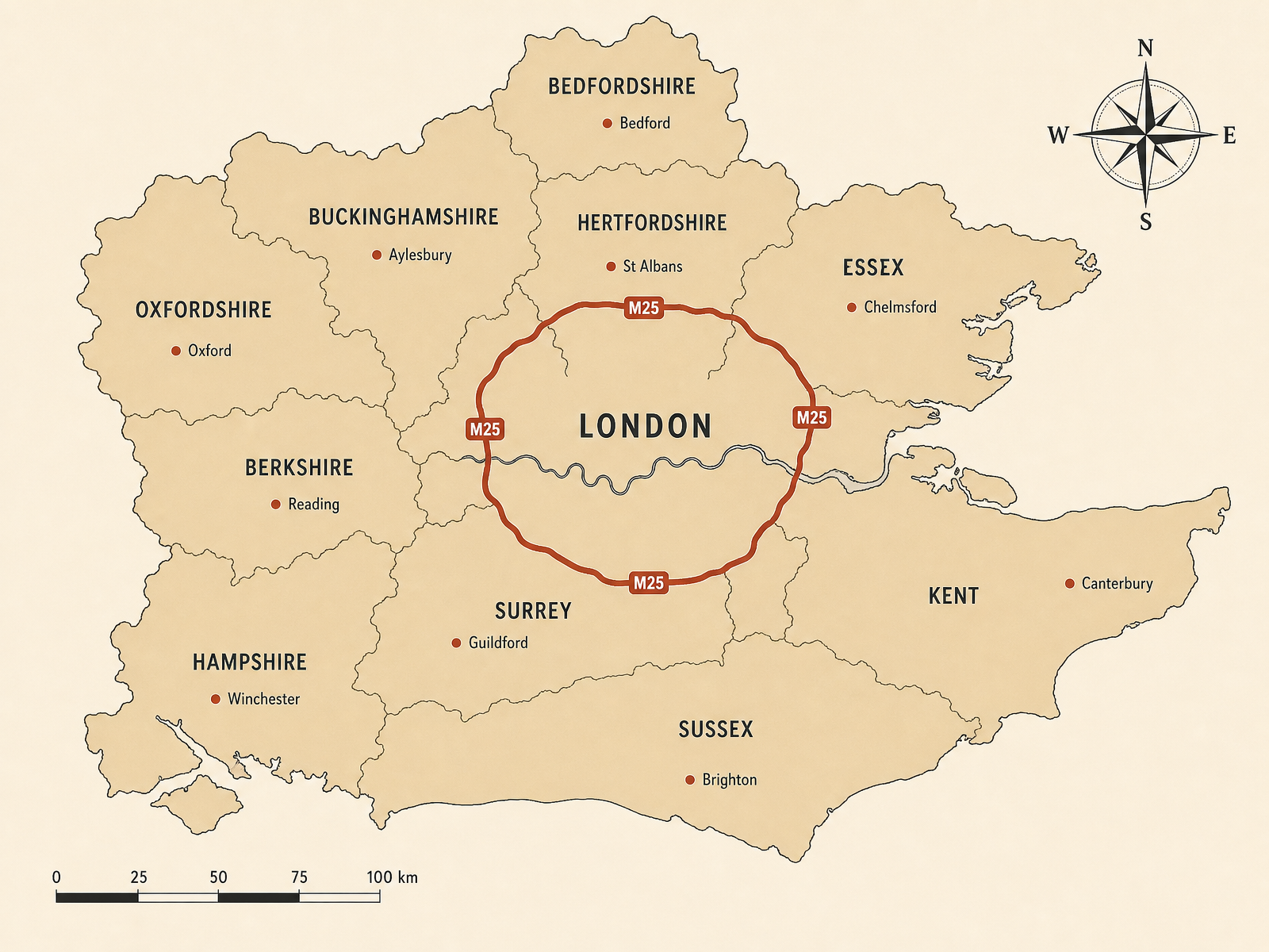 Illustrated map of South East England showing the M25 orbital motorway ringing London, with the surrounding counties Resin Repairs serves labelled: Bedfordshire, Buckinghamshire, Hertfordshire and Essex to the north; Oxfordshire and Berkshire to the west; Hampshire, Surrey, Sussex and Kent to the south and east.
